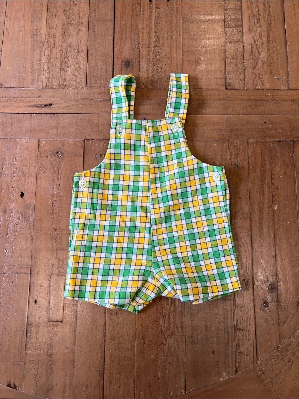 Health Tex vintage green and yellow square short overalls romper 12 months 90s